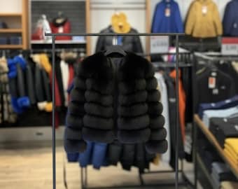 Handmade Black Fox Fur Jacket – Short Women’s Fur Coat with Detachable Sleeves