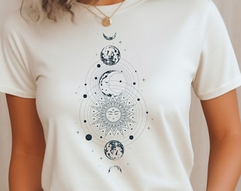 Celestial Boho Moon Phase Tee, Gift Tshirt For Astrology Lovers, Mystic Moon Phase Shirt, Lunar Crescent Shirt