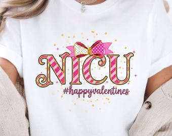 NICU Nurse Valentine Shirt, Neonatal Intensive Care Unit Nurse Valentines Day Pink Glitter Effect Bow Tshirt