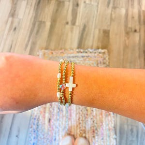Daily Everyday Gold Bracelet Stack Cross Pearl Clover Design