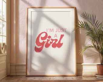 A4 Retro ‘I’m Just a Girl’ Cross-Stitch Pattern – Funky 70s Style Feminist Embroidery - wall art