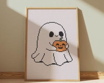 Ghost with Pumpkin Cross-Stitch Pattern | A5 Halloween Decor (Digital Download)