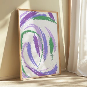 Puede incluir: Una pintura abstracta enmarcada con fondo blanco y pinceladas de color púrpura y verde que se arremolinan.