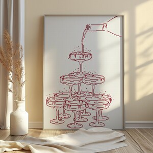 May include: A framed illustration of a champagne bottle pouring into a tower of champagne flutes. The illustration is in a burgundy colour and is set against a white background.