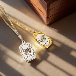 Personalized Pet Portrait Frame Necklace, Custom Dog Cat Photo & Name Jewelry, Memorial Pet Gift, Engraved Photo Necklace, Pet Parent Gift