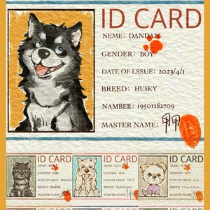 d'identité personnalisée dessinée à la main pour animal de compagnie | Portrait imprimable personnalisé d'animal de compagnie, cadeau de propriétaire d'animal de compagnie, carte d'identité d'animal de compagnie mignonne, étiquette de nom d'animal de compagnie, carte d'urgence d'animal de compagnie