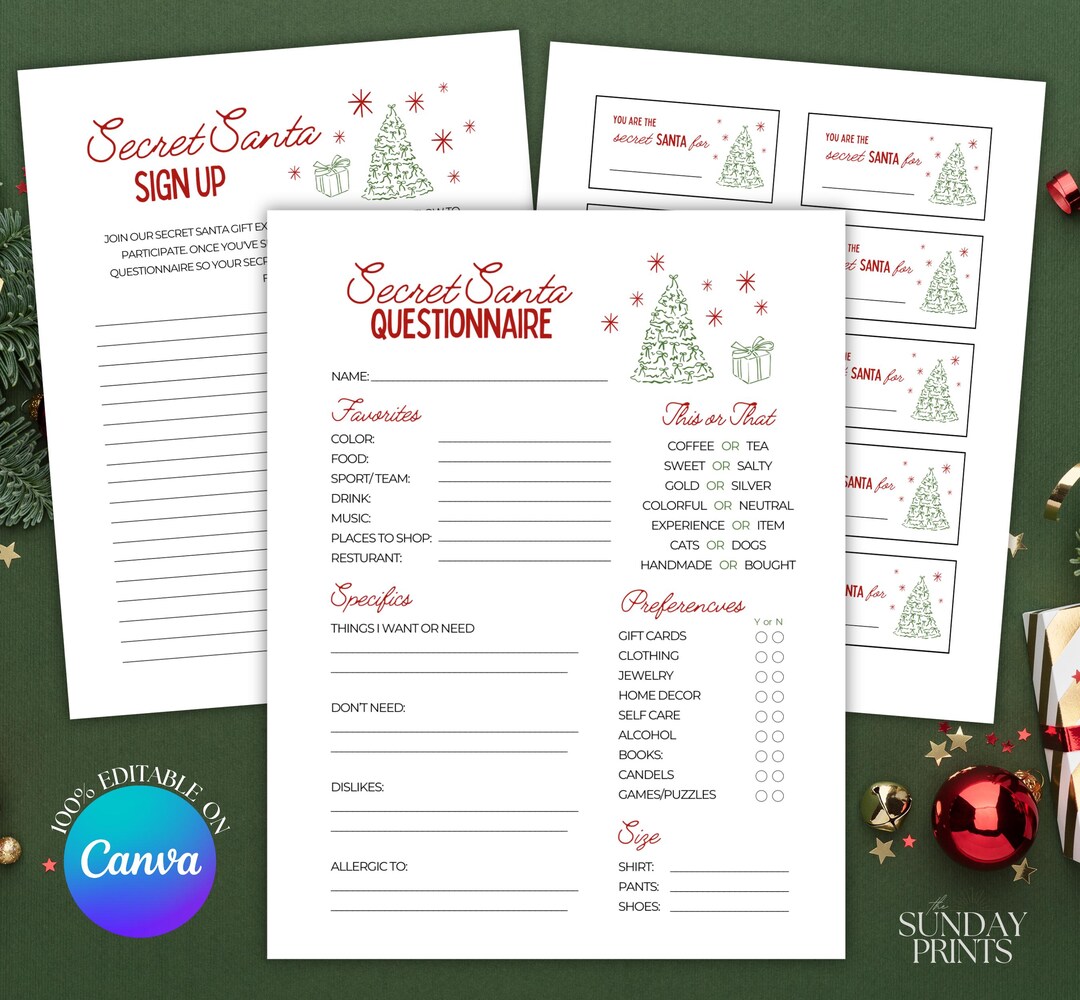 Printable Secret Santa Survey Questionnaire, Sign up Sheet, Gift ...