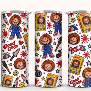 May include: Three cylindrical tumblers featuring a white background with a repeating pattern of a red-haired doll in blue overalls, Good Guys boxes, bloody knives, baseball bats, tricycles, yellow smiley faces, red hearts, and stars.