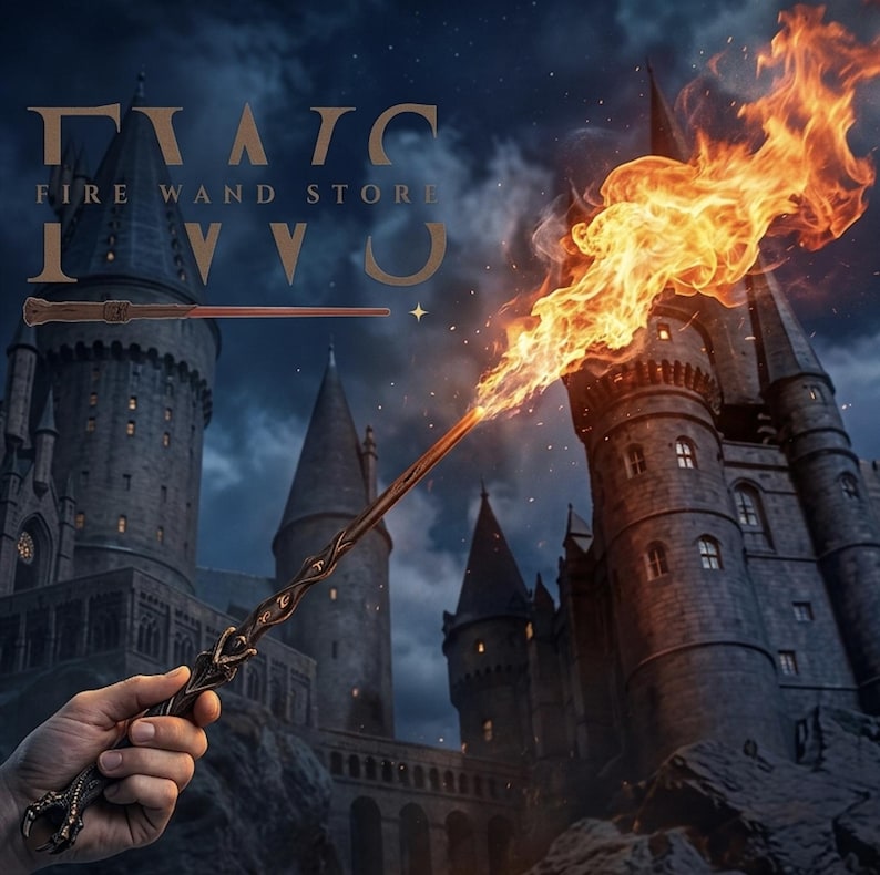 May include: A wand with a detailed handle and a fiery effect at the tip. The wand is held in a hand against a backdrop of a castle under a night sky. The text "FIRE WAND STORE" is visible at the top.