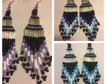 Beaded Earrings, Purple, Blue, Turquoise