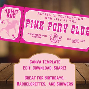 Pink Pony Club Ticket einladung Canva Vorlage zum Personalisierung | Chappell Roan Country Western Cowgirl Geburtstag Party Event einladen