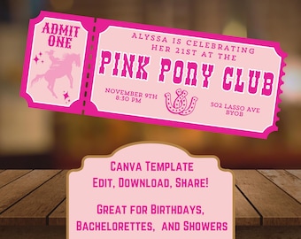 Modello di invito per biglietti Pink Pony Club Canva per la personalizzazione / Invito per festa di compleanno Chappell Roan Country Western Cowgirl