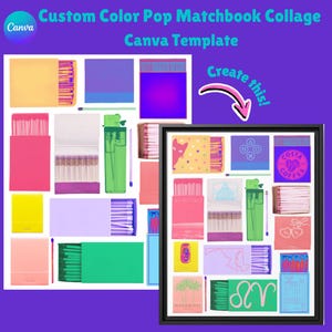 May include: A collage of matchbook covers featuring a variety of designs and colours. The matchbooks are arranged in a grid pattern and include images of a cat, a house, a coffee cup, a palm tree, and a map. The text "Create this!" is written in a pink speech bubble with an arrow pointing to the collage.