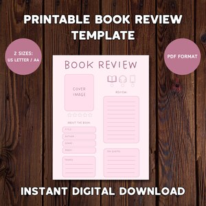 Book Review Template Printable | Book Review Page | Printable Book Review | Book Review Page | Gift for Book Lovers | Book Digital Download