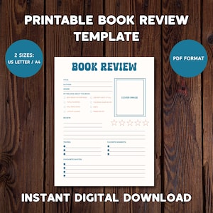 Book Review Template Printable | Book Review Page | Printable Book Review | Book Review Page | Gift for Book Lovers | Book Digital Download