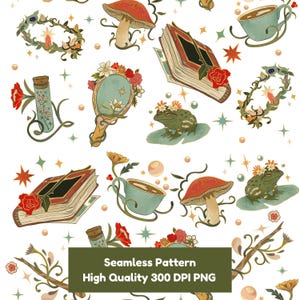 Whimsical Bookish Seamless Pattern 300 DPI PNG Download for Digital Papers Vinyl Fabric Surface Design Bookish Book Lovers PNG Fairy Whimsy