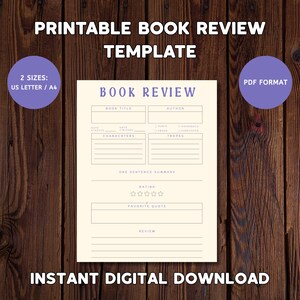 Book Review Template Printable | Book Review Page | Printable Book Review | Book Review Page | Gift for Book Lovers | Book Digital Download
