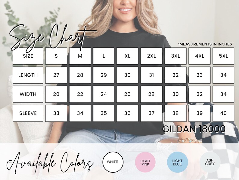 Puede incluir: Tabla de tallas para una camiseta con medidas en pulgadas. La tabla muestra la longitud, el ancho y la longitud de la manga para las tallas S a 5XL. Los colores disponibles son blanco, rosa claro, azul claro y gris ceniza. El texto "GILDAN 18000" tambi&eacute;n es visible.