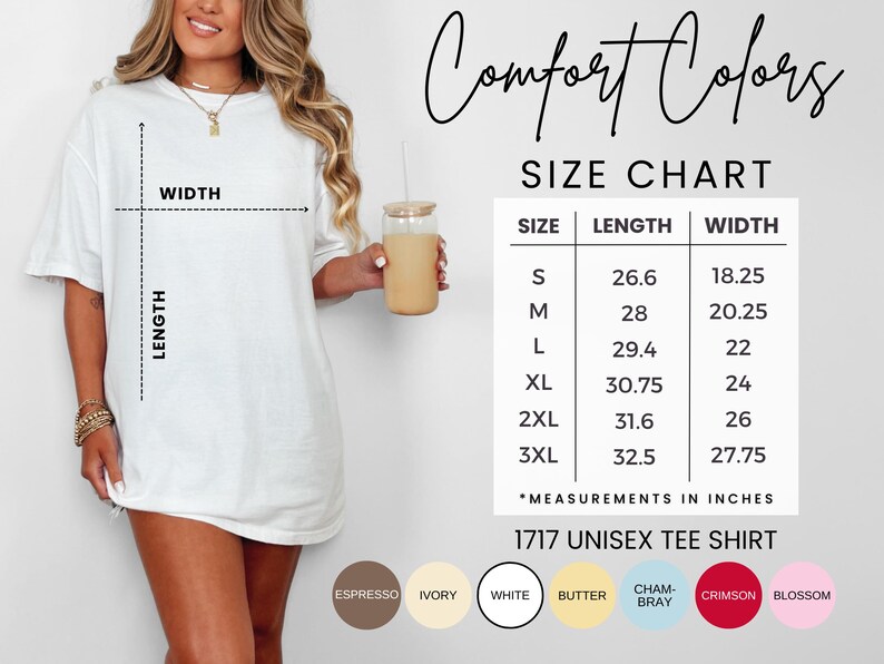 May include: White unisex tee shirt with a size chart. The chart shows measurements in inches for sizes S to 3XL. The shirt is labeled "1717 Unisex Tee Shirt" and has color options including Espresso, Ivory, White, Butter, and Crimson.