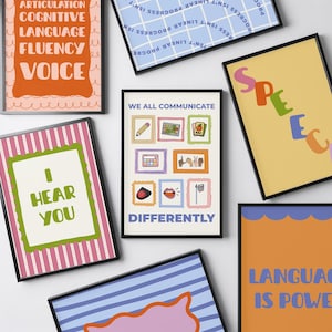 Puede incluir: Una colección de impresiones artísticas enmarcadas con varios diseños coloridos y texto. Una impresión dice "Articulation, Cognitive, Language, Fluency, Voice." Otra dice "I Hear You." Una tercera impresión dice "We All Communicate Differently."
