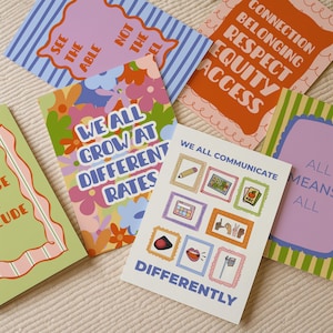 May include: A selection of vibrant cards featuring motivational messages and illustrations. One card displays "We all grow at different rates" with floral patterns. Another card says "We all communicate differently" with framed icons. Other cards feature phrases like "See the able, not the label."