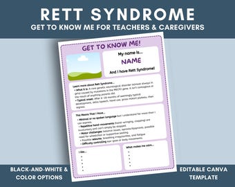 Rett Syndrome Profile Editable Get to Know Me Sheet Template for Special Needs Child About Me Teacher Disability Caregiver Form for Rett Kid