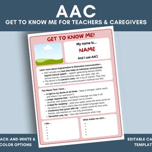 AAC の認知度向上のための編集可能な「Get to Know Me」テンプレート、特別なニーズを持つ子ども向け、教師向け、障害のある保護者向け、AAC 教育プロフィール