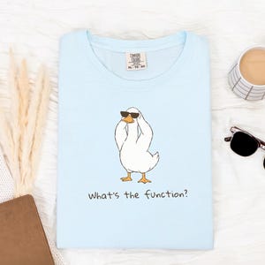 K&ouml;nnte beinhalten: Hellblaues Comfort Colors T-Shirt mit einer Cartoon-Ente, die eine Sonnenbrille tr&auml;gt und sich den Kopf h&auml;lt. Der Text "What's the function?" ist darunter gedruckt. Das Shirt ist XL-TG-EG.