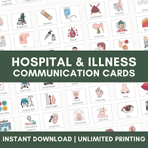 Peut inclure: Ensemble de cartes de communication illustrées pour les hôpitaux et les maladies. Chaque carte présente un dessin simple et un mot ou une phrase correspondant, comme "Brûlure", "Fièvre" et "Fauteuil roulant". Cartes téléchargeables instantanément et imprimables en illimité.