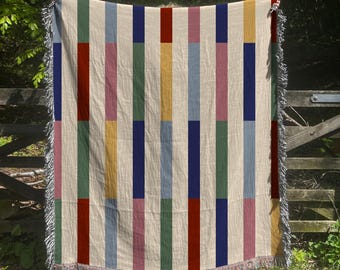 Geometric Stripe Woven Blanket, Colorful MCM 60s Throw, Maximalist Mid Century Modern Blankets, Gift for Girlfriend, Bold Striped Knit