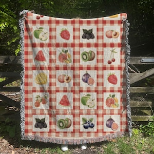 Gingham Fruit Throw Blanket, Cottagecore Blanket, Costal Fruit Decor, Coquette Cottagecore Coastal Picnic Decor, Cute Summer Woven Blanket