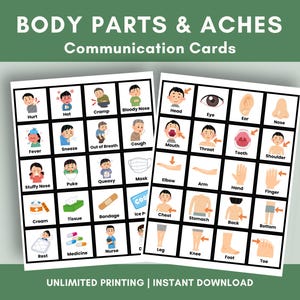 May include: Two communication cards with illustrations of body parts and ailments. The cards include images of the head, eye, ear, nose, mouth, throat, tooth, shoulder, elbow, arm, hand, finger, chest, stomach, back, bottom, leg, knee, foot, and toe. The cards also show images of hurt, hot, cramp, bloody nose, fever, sneeze, out of breath, cough, stuffy nose, puke, and queasy.