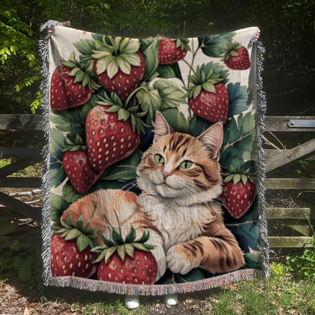 Strawberry Tabby Cat Blanket, Cottagecore Woven Throw, Cat Lover Gift