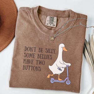 May include: Brown Comfort Colors t-shirt with the text "Don't be silly, some bellies have two buttons" and a cartoon goose riding a scooter. A silver necklace with a pendant is on the shirt.