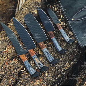 Custom Handmade Damascus Steel Chef Set of 5pcs, Damascus Chef Set, Kitchen Knife Set, Damascus Knife Set, Anniversary Gift, Christmas Gift