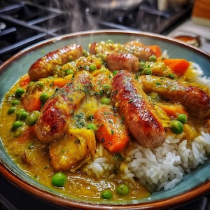 May include: A close-up shot of a bowl filled with a curry dish. The dish includes white rice, cooked sausages, orange carrots, green peas, and a yellow curry sauce. The bowl has a blue rim and the food is garnished with herbs.
