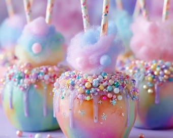Receta de manzana acaramelada arcoíris: Chispas y algodón de azúcar (Descargar PDF)