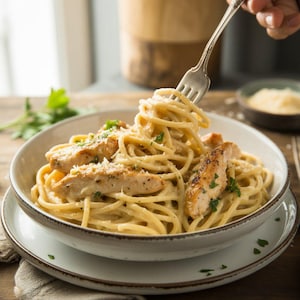 Könnte beinhalten: Eine Schüssel cremiger Spaghetti mit Hähnchenscheiben und geriebenem Parmesan. Eine Gabel hebt einen Teil der Pasta an und zeigt die Textur und Zutaten des Gerichts. Frische Petersilie sorgt für einen Farbtupfer.