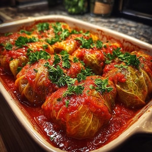 Puede incluir: Una fuente rectangular llena de rollos de col rellenos en una rica salsa de tomate, adornados con perejil fresco. Los rollos de col son de color verde claro y la salsa de tomate es de un rojo vibrante. El plato está listo para servir.