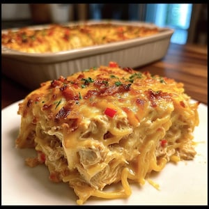 Può includere: Una porzione di pasta al forno su un piatto bianco. Il piatto presenta strati di spaghetti, pollo e formaggio fuso, con pezzi di peperone rosso ed erbe aromatiche. Un'altra pirofila è sullo sfondo.