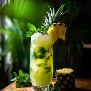 Peut inclure: Un cocktail rafraîchissant dans un grand verre, garni de brins de menthe et d'une tranche d'ananas. La boisson est de couleur vert clair, avec des feuilles de menthe visibles. Un morceau d'ananas est posé à côté du verre sur une surface en bois.