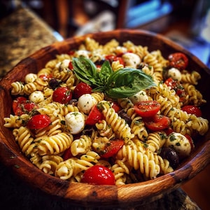 May include: A wooden bowl filled with pasta salad. The salad includes fusilli pasta, cherry tomatoes, mozzarella balls, black olives, and fresh basil. The pasta is coated in a green pesto sauce.
