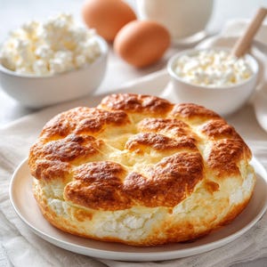 May include: A light, golden-brown baked item, possibly a soufflé, on a white plate. Two brown eggs, a glass of milk, and two bowls of cottage cheese are also present, suggesting a breakfast or brunch setting.