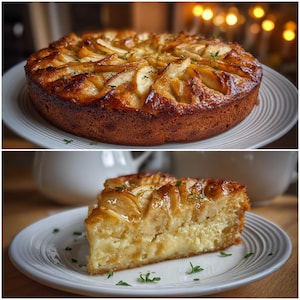 Könnte beinhalten: Ein ganzer Apfelkuchen und ein Stück davon auf weißen Tellern. Der Kuchen hat eine goldbraune Kruste und ist mit Apfelscheiben belegt. Kräuterzweige sind darüber verstreut. Das Stück zeigt ein cremiges Inneres.