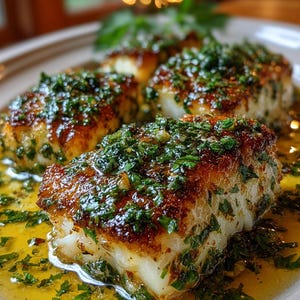 May include: Pan-seared fish fillets on a white plate, topped with chopped green herbs and served in a buttery sauce. The fish has a golden-brown crust and sits in a pool of yellow sauce, with fresh herbs scattered around.