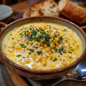 May include: A bowl of creamy corn chowder, garnished with fresh chives and black pepper. The soup is a pale yellow color and is served in a rustic, brown-rimmed bowl. Slices of toasted bread are in the background, suggesting a meal.