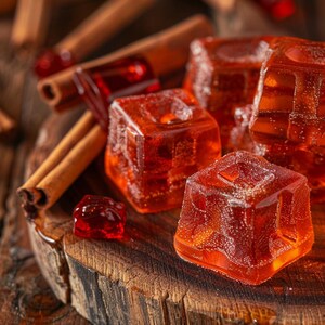 Puede incluir: Primer plano de caramelos c&uacute;bicos de color &aacute;mbar con un aspecto brillante y transparente. Palitos de canela est&aacute;n esparcidos alrededor de los caramelos sobre una superficie de madera, creando una est&eacute;tica c&aacute;lida y acogedora. La imagen sugiere un tema de golosinas caseras.