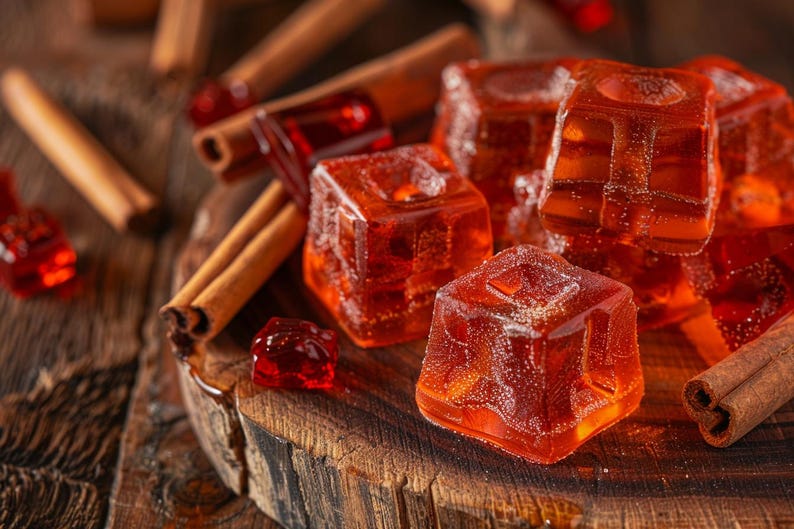 Puede incluir: Primer plano de caramelos c&uacute;bicos de color &aacute;mbar con un aspecto brillante y transparente. Palitos de canela est&aacute;n esparcidos alrededor de los caramelos sobre una superficie de madera, creando una est&eacute;tica c&aacute;lida y acogedora. La imagen sugiere un tema de golosinas caseras.