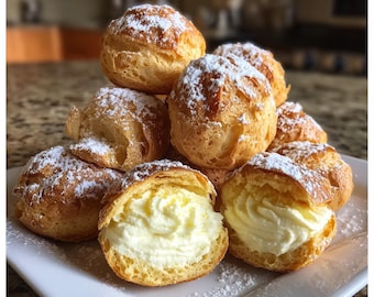 La migliore ricetta facile per bignè fatti in casa, classica pasticceria francese stampabile, semplice dessert con ripieno di crema pasticcera, download digitale in PDF, pasta choux