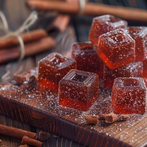 Puede incluir: Primer plano de una tabla de cortar de madera con varios caramelos cuadrados de color marr&oacute;n rojizo espolvoreados con az&uacute;car. Palitos de canela y trozos de canela rodean los caramelos, con un manojo de palitos de canela atados con hilo en el fondo.